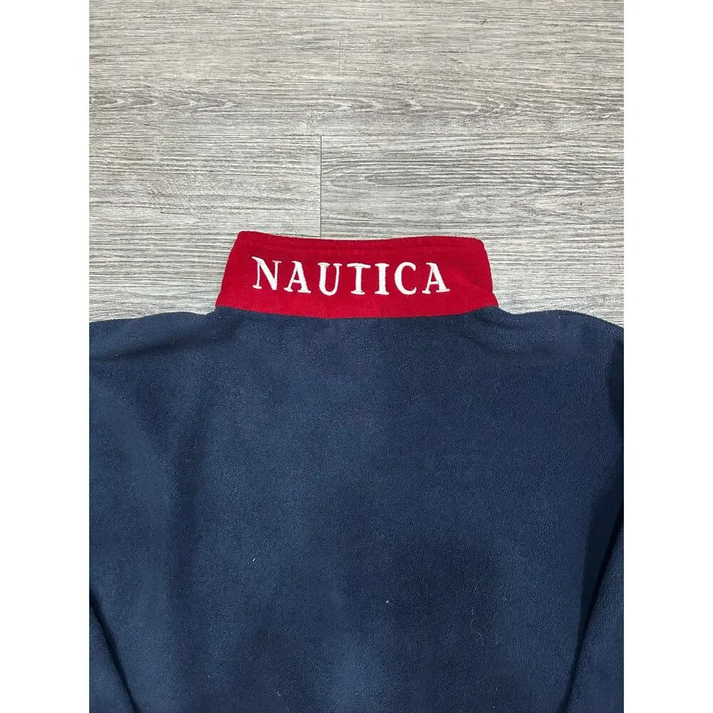 Vintage Nautica Fleece Pullover Mens XXL 1/4 Zip Back Collar Spellout Navy Red
